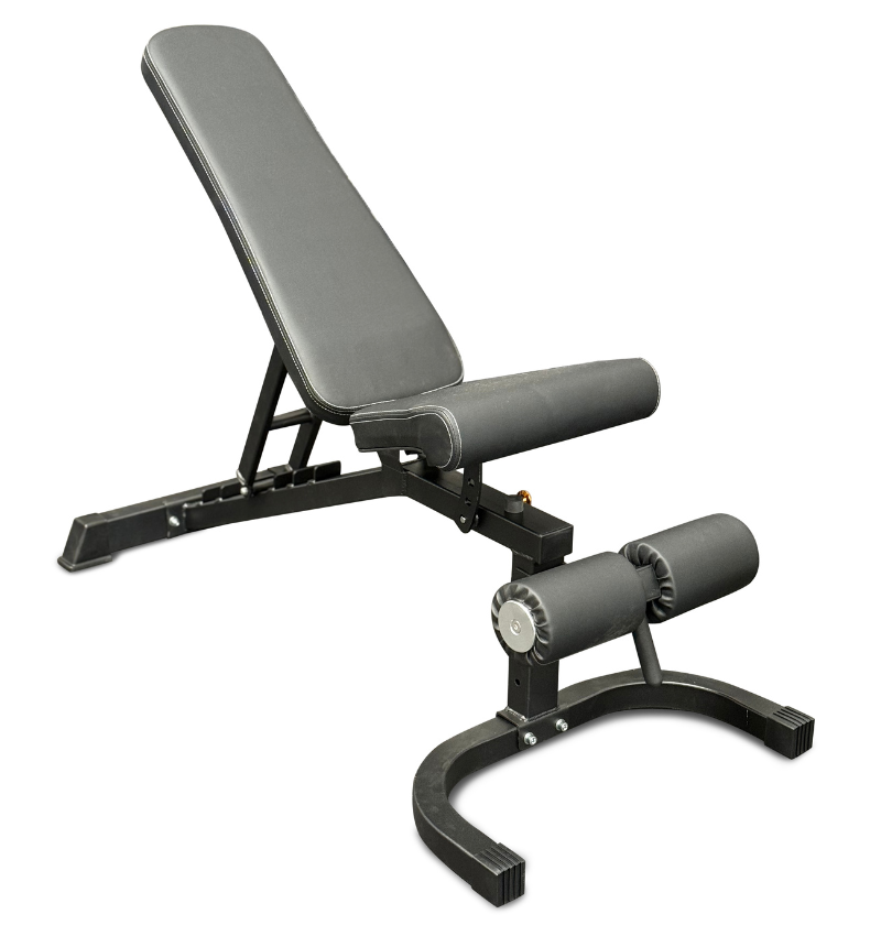 Gray adjustable weight bench on a white background