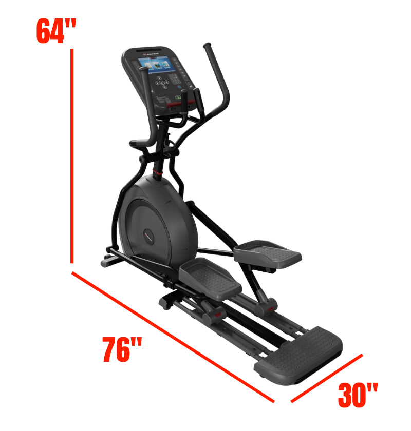 Star trac 4 series elliptical trainer with dimensions labeled on a white background