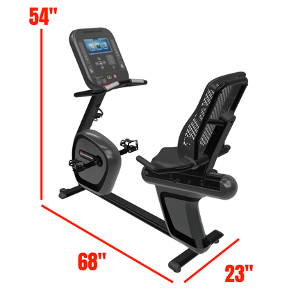 Star trac 4 series recumbent bike with dimensions indicated on a white background