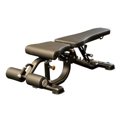 A black exercise bench equipped with a footrest, ideal for supporting various workout positions and exercises.