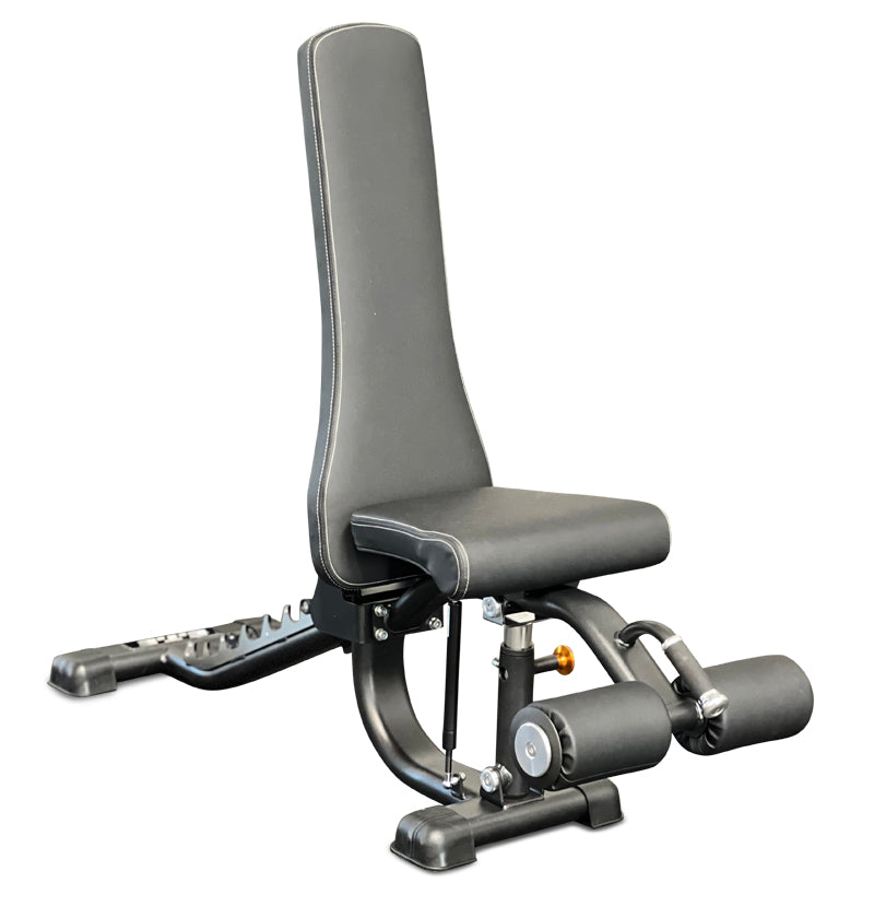 Black and gray adjustable exercise bench with a seat, model PL7328A, suitable for flat, incline, and decline workouts.