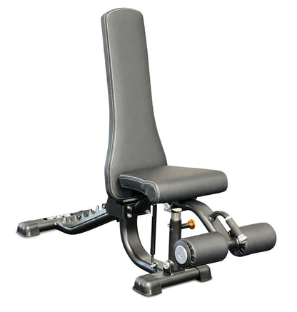 Black and gray adjustable exercise bench with a seat, model PL7328A, suitable for flat, incline, and decline workouts.