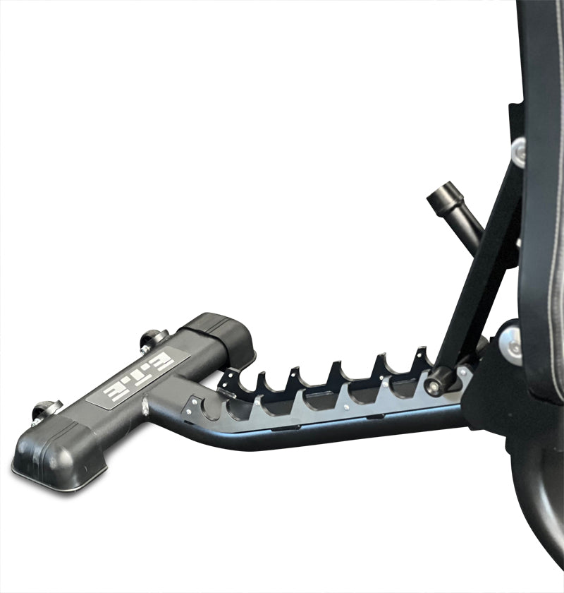 A black exercise bench equipped with a footrest, ideal for supporting various workout positions and exercises.