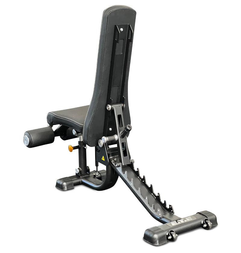 A black exercise bench equipped with a footrest, ideal for supporting various workout positions and exercises.