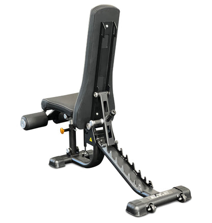 A black exercise bench equipped with a footrest, ideal for supporting various workout positions and exercises.