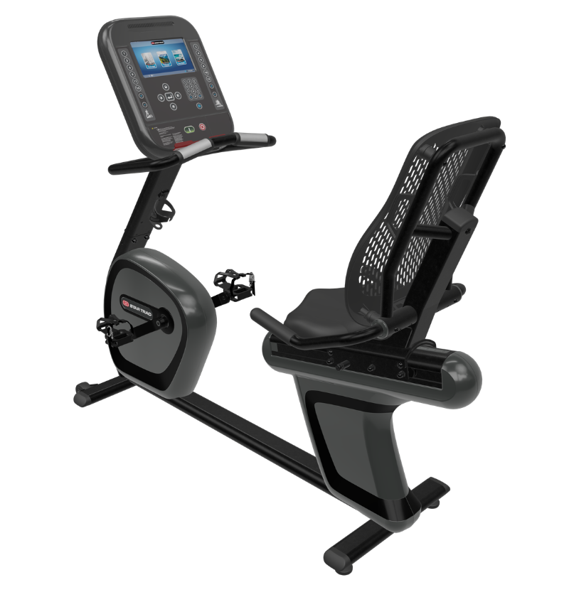 Star trac 4 series recumbent exercise bike with digital display on a white background