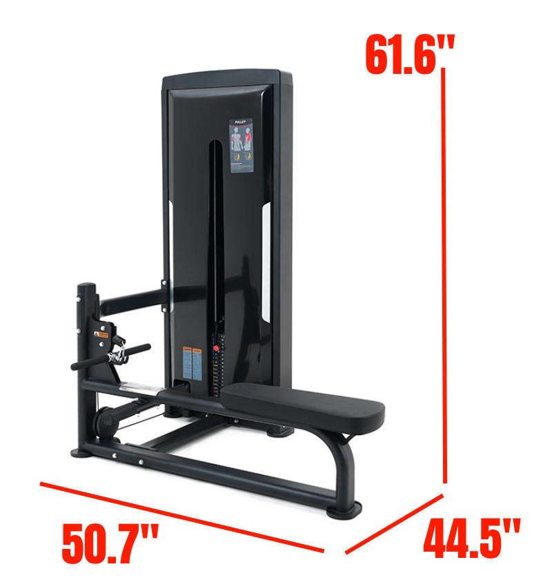 Cable Seated Row Black Selectorized Gym Equipment Labeled with Dimensions 