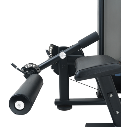 Black prone leg curl machine with roller pad on a white background