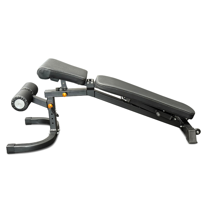 Gray adjustable weight bench on a white background