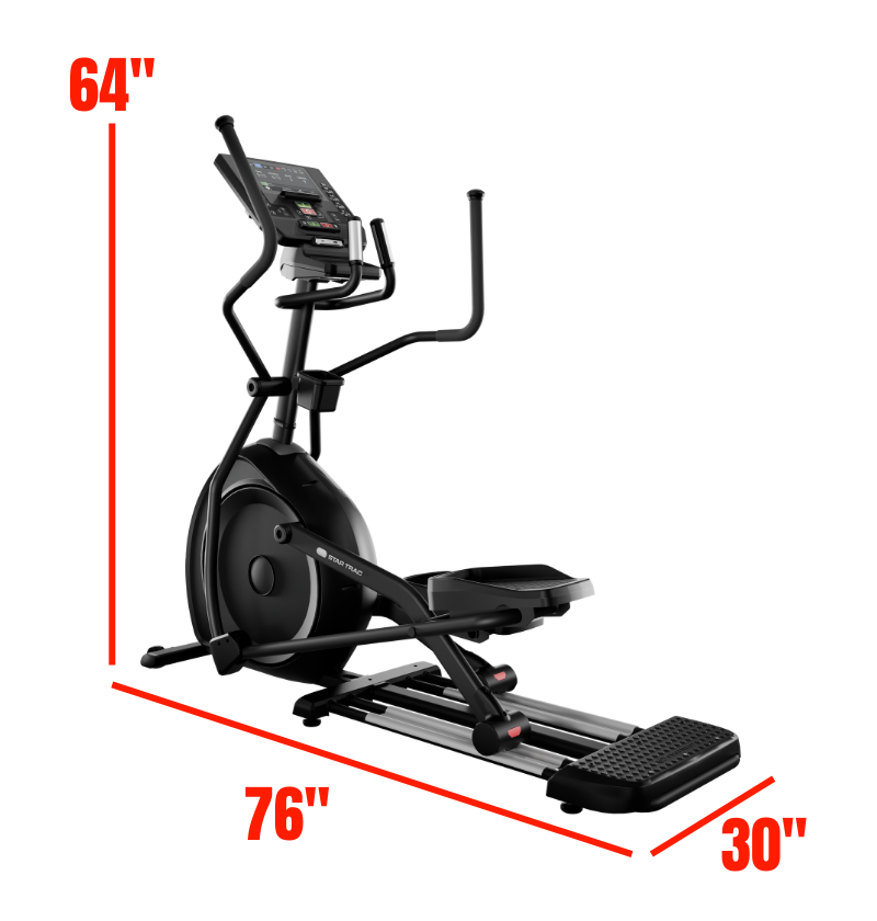 Black star trac 6 series elliptical machine with dimensions labeled on a white background