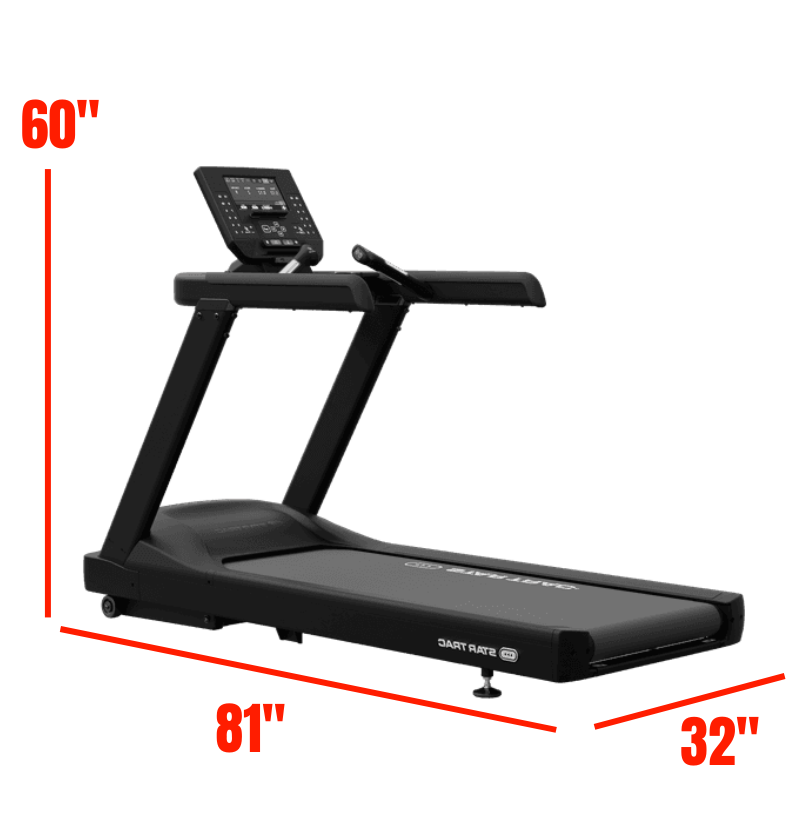 Star trac 6 series treadmill with dimensions labeled on a white background