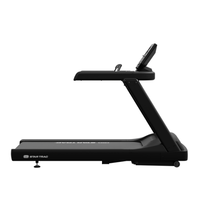 Black treadmill with 'Star Trac' branding on a white background