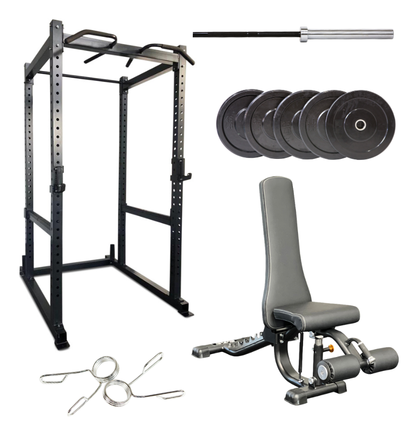 Gym equipment set including a power rack, weight plates, bench, and barbell on a white background.