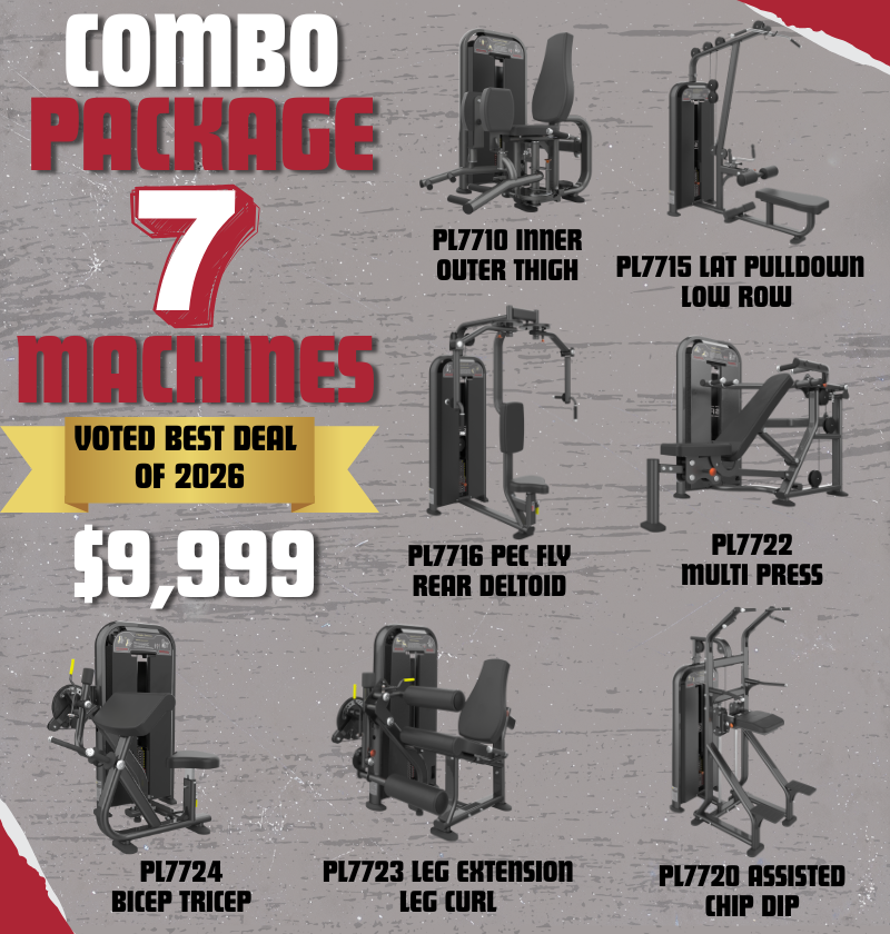 Advertisement for a combo package of 7 gym machines with product names and pricing on a gray background.