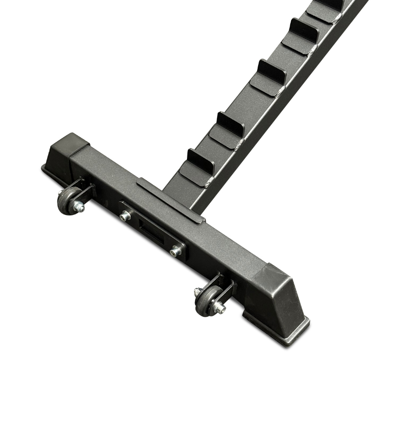 Grey decline bench with wheels on a white background.