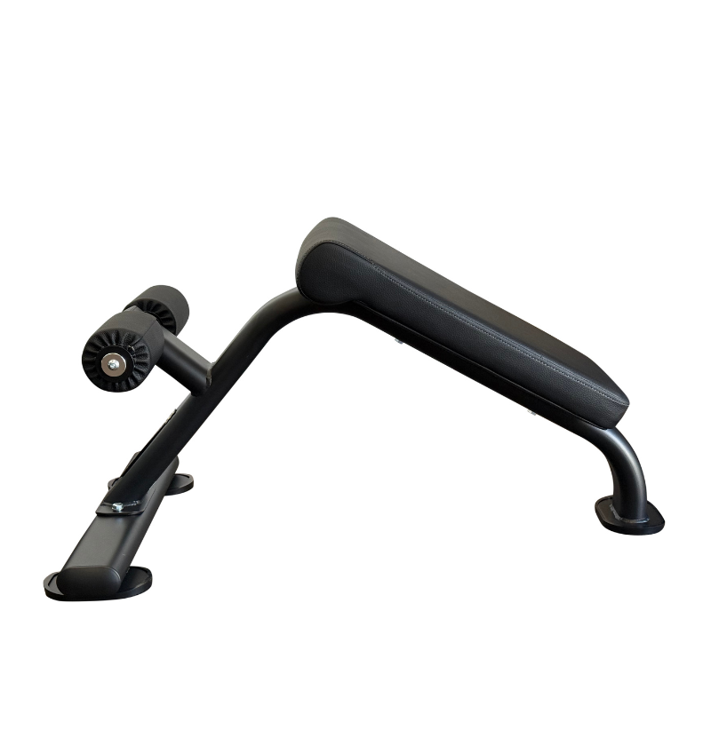 Black ab bench with padded backrest and armrests, isolated on a white background.