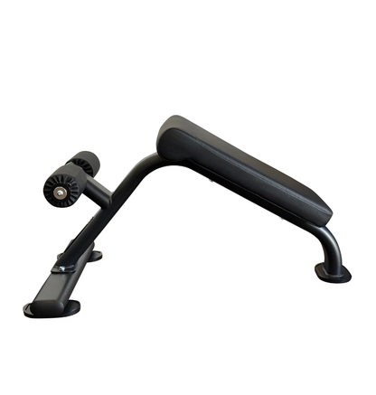 Black ab bench with padded backrest and armrests, isolated on a white background.