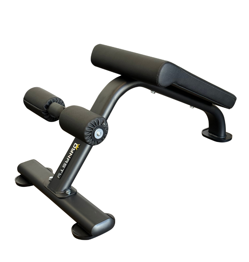 A black ab bench with padded rollers and a metal frame, shown on a plain white background.