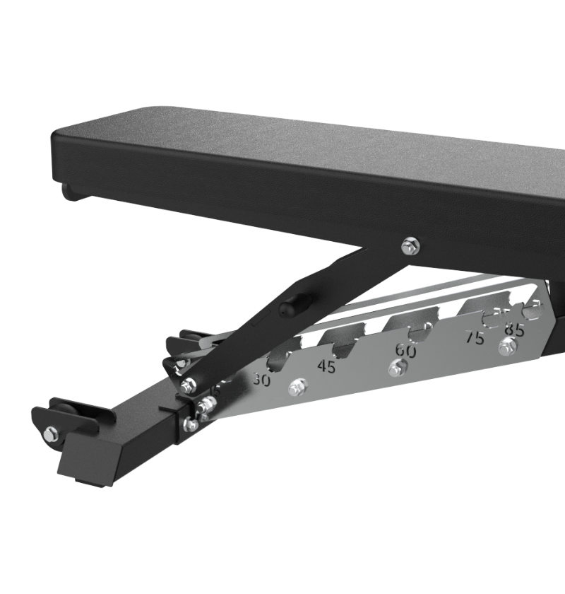 Full range back pad adjustment on Adjustable gym bench, white background 