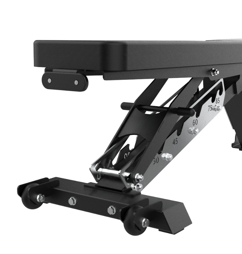 Quick adjustment back pad, easy mobility wheels, adjustable bench, gym equipment 