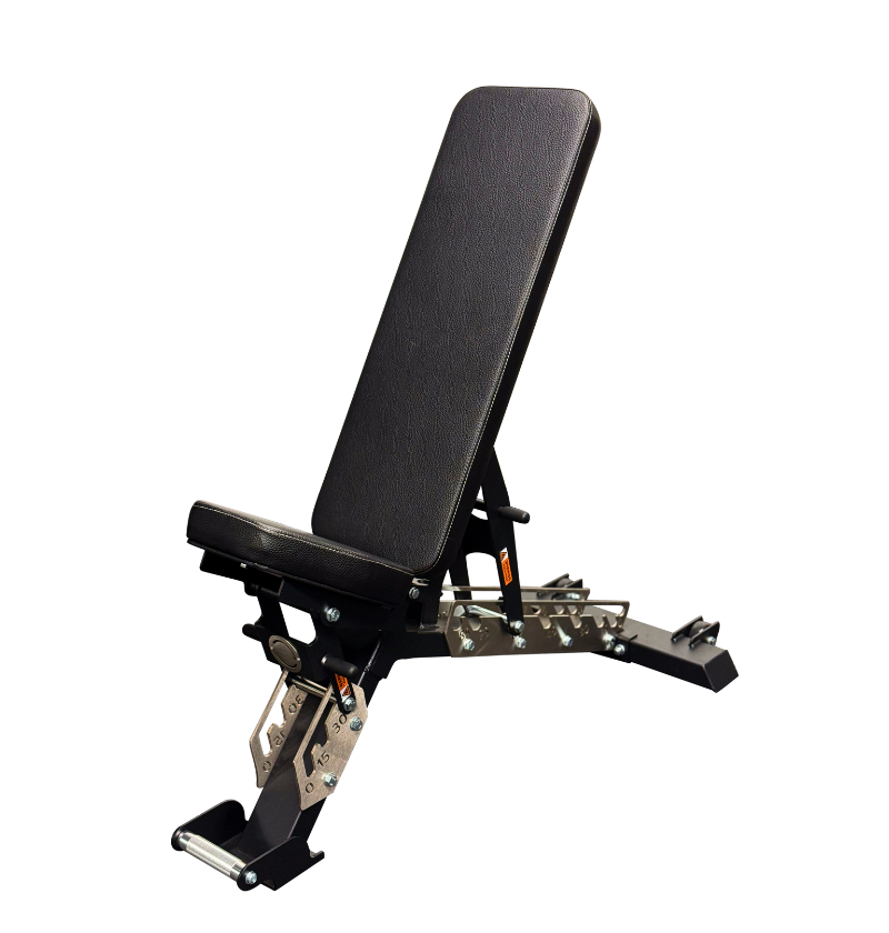 Standing adjustable gym bench, black, on white background 