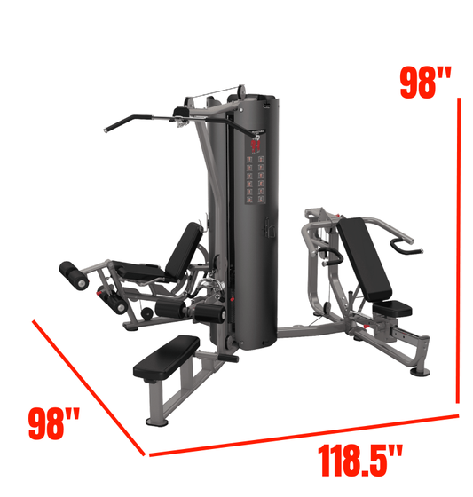 3 station gym machine with dimensions marked on a white background