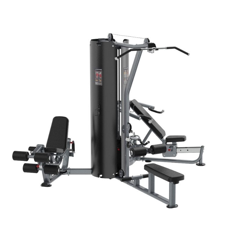 3 station gym machine with multiple attachments on a white background