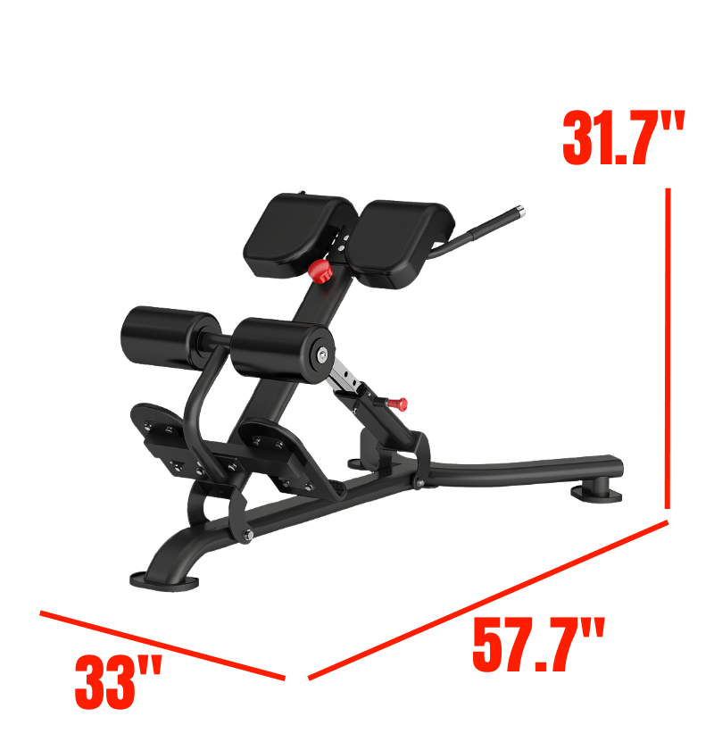 DR010 Back Extension black exercise equipment labeled with dimensions