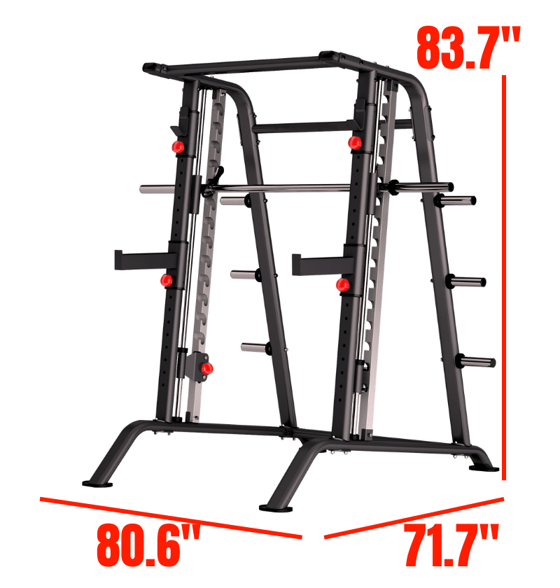 DR001 Smith Machine black plate loaded exercise machine labeled with dimensions