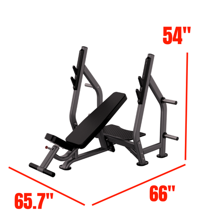 DR005 Incline Olympic Bench plate loaded black exercise bench press labeled with dimensions