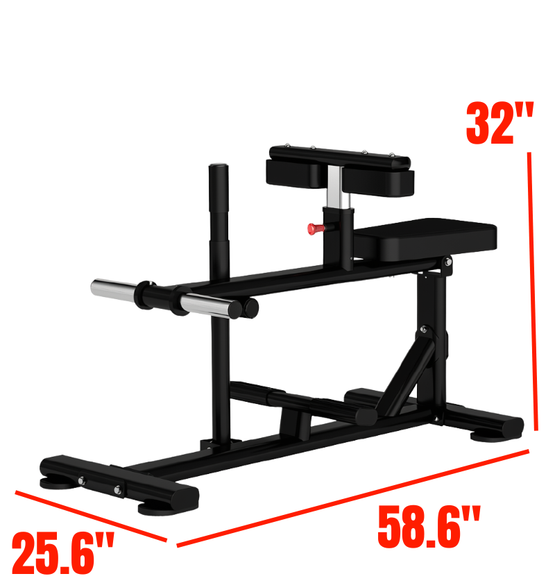 A black plate loaded seated calf bench, featuring a padded seat, adjustable thigh pads, and silver weight loading pegs on a plain white background with red dimension lines and text showing 25.6 inches width, 58.6 inches length and 32 inches height.