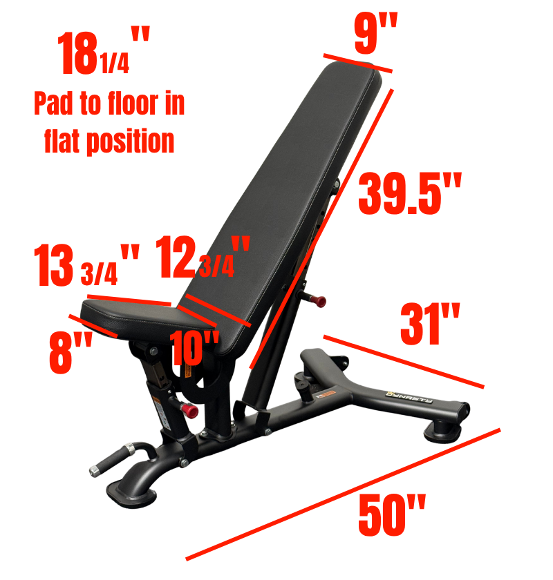 DR016 Adjustable Bench black workout bench labeled with dimensions