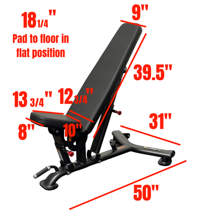 DR016 Adjustable Bench black workout bench labeled with dimensions