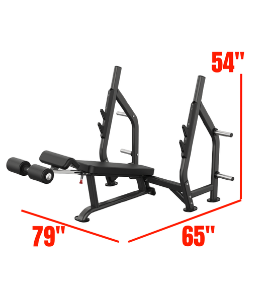 Black olympic declinebench press exercise equipment labeled with dimensions