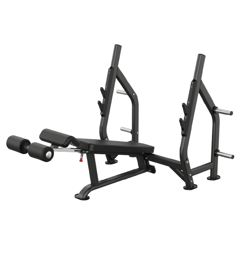 Black olympic decline bench press exercise equipment displayed on a white background