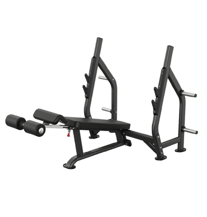 Black olympic decline bench press exercise equipment displayed on a white background