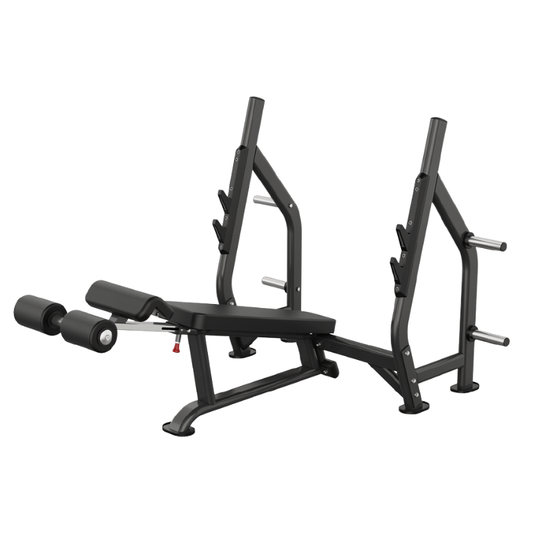 Black olympic decline bench press exercise equipment displayed on a white background