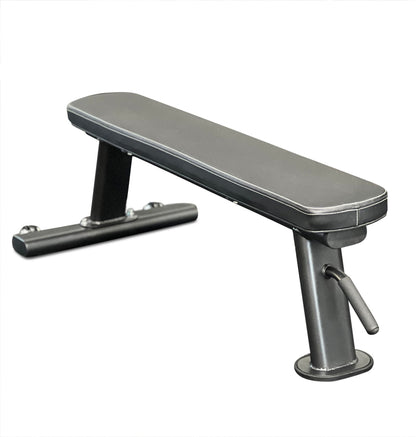 A black bench featuring a sturdy metal footrest for added comfort and support.