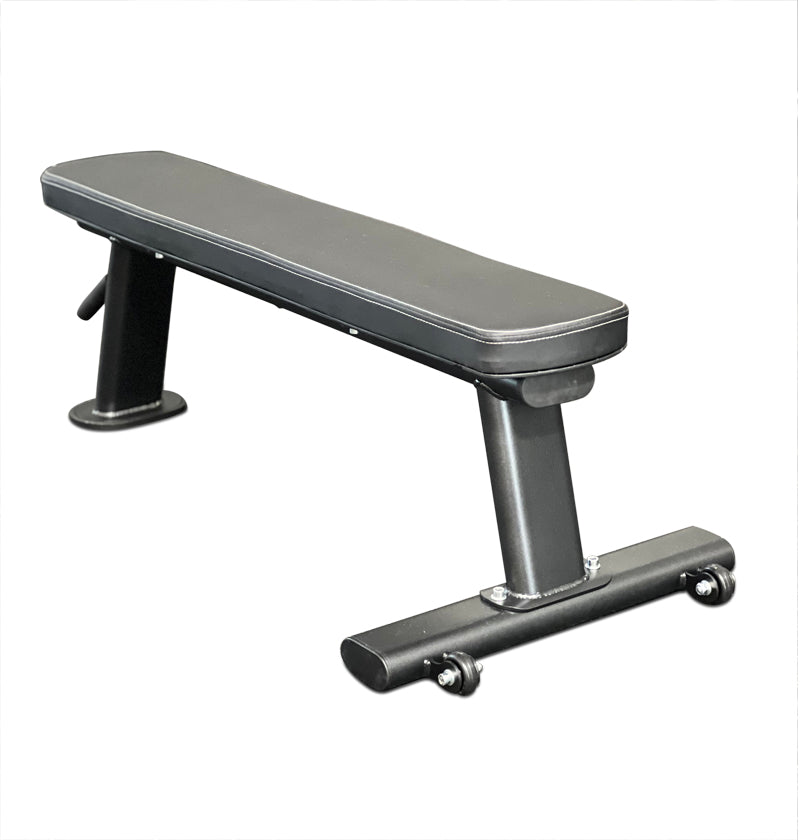 A black bench featuring a sleek black seat and a matching footrest.