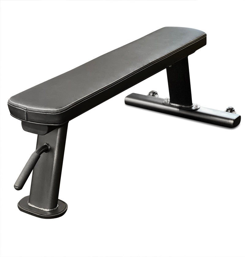 A black flat bench with a handle and wheels, designed for mobility and comfort.