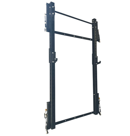Black folding squat rack on a white background.