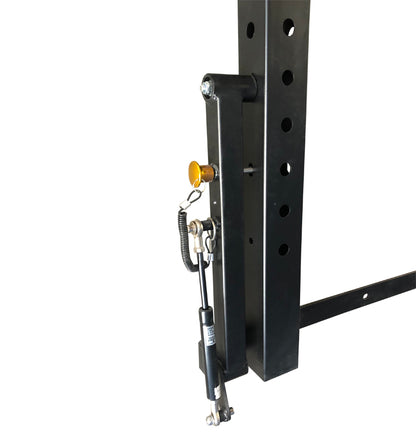 Black squat rack with pin on a white background.