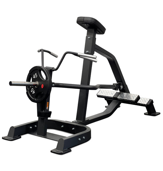 A gym machine designed for Incline Lever Row, featuring a barbell placed on it for weight training