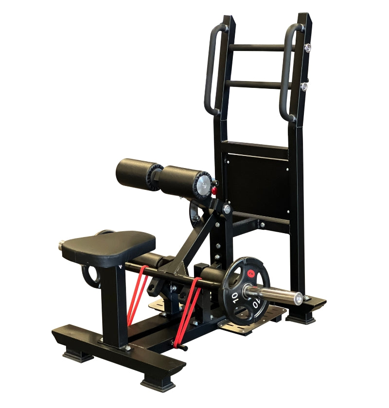 Black and red standing hip thrust exercise machine on a white background.