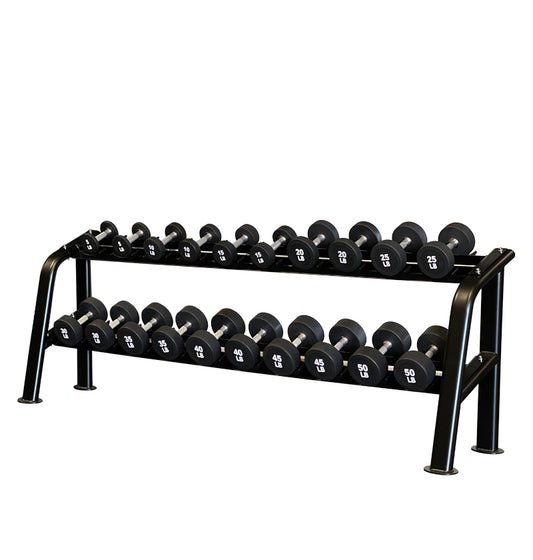 A black dumbbell rack featuring saddles, showcasing an array of weights in a workout space.