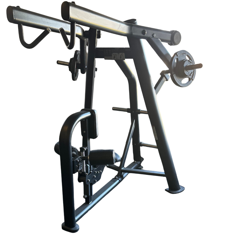 L6702 High Row black plate loaded workout machine displayed on white background 