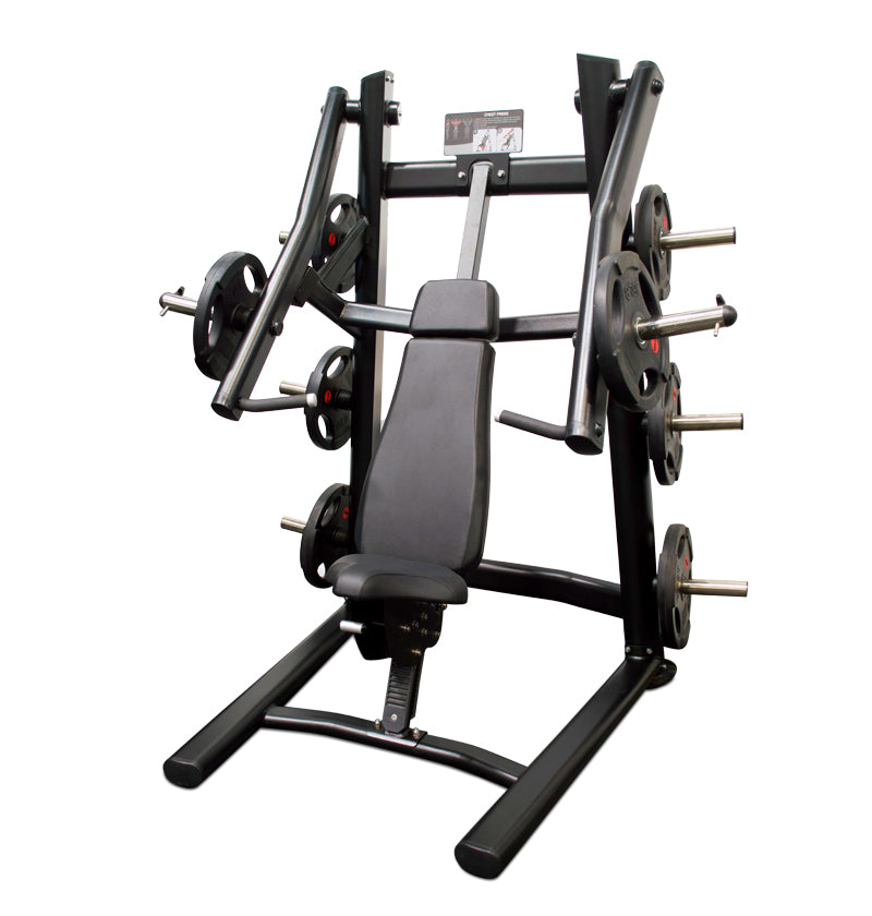 Plate Loaded Chest Press machine featuring a bench and weights for strength training exercises.