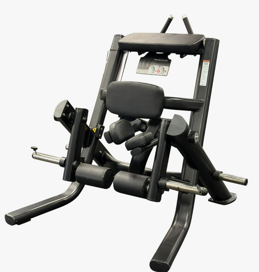 Black plate loaded kneeling leg curl machine on a white background.