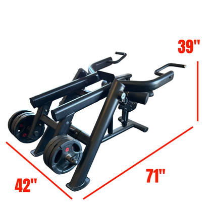 Black plate loaded seated dip - tricep pushdown machine with dimensions labeled on a white backround