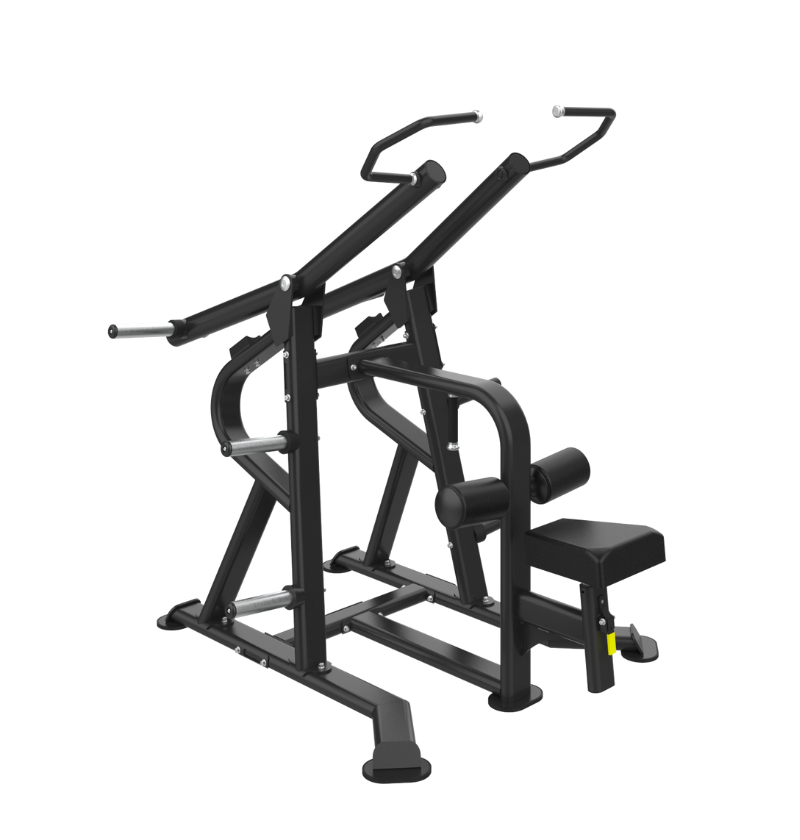 Black plate loaded lat pulldown machine on a white background.